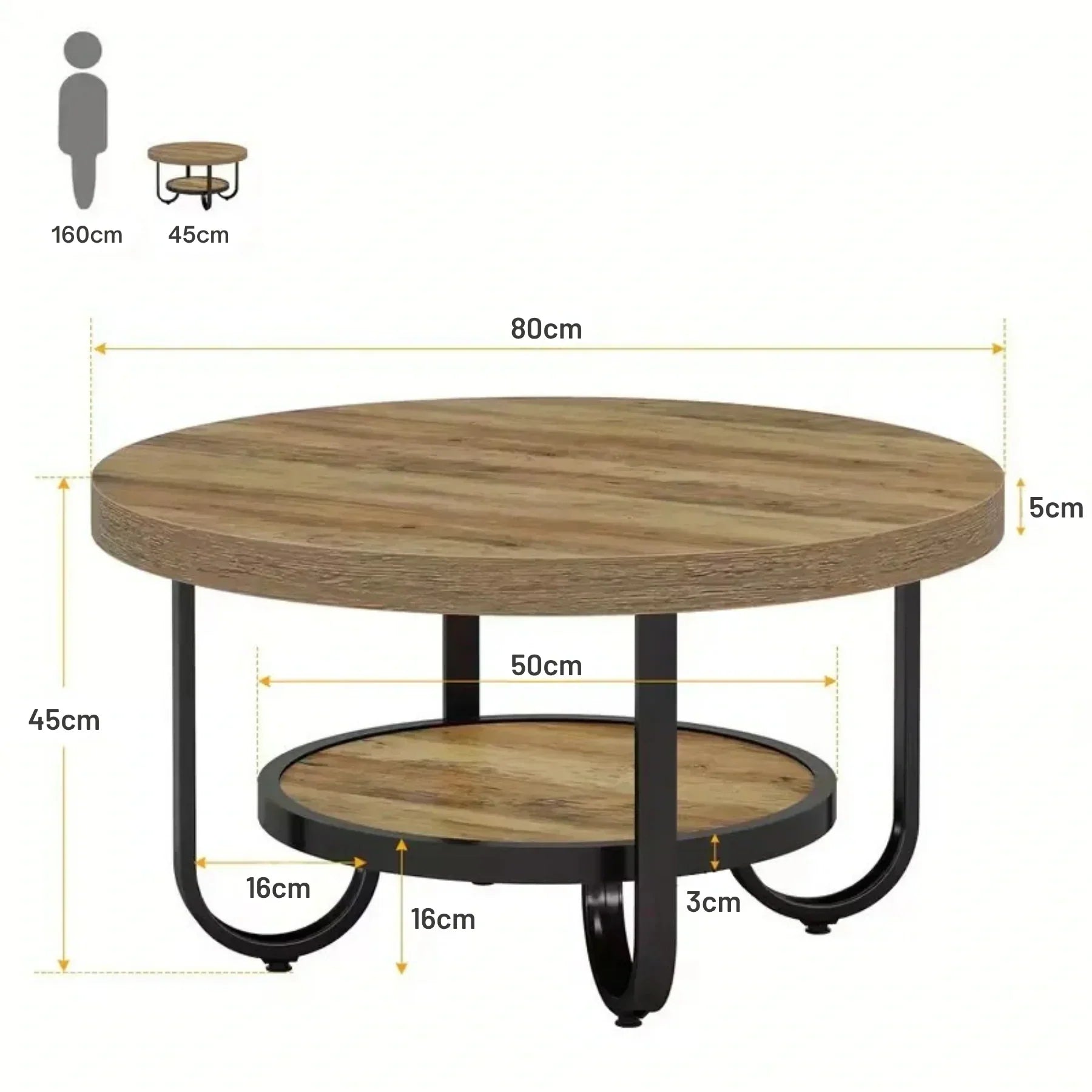 Eleganter runder Couchtisch mit Ablage – Gebogener Stahlrahmen – Ø80 cm