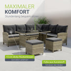 Juskys Polyrattan Gartenlounge Grau – Sitzgruppe mit Ecksofa, Tisch, Hocker, wetterfest, Outdoor Möbel Set