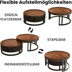 Couchtisch rund 2er Set mit Stauraum, Wohnzimmertisch mit Holz Schubladen, Walnussoptik und Metallrahmen, Moderne Kaffeetische Satztische Sofatisch für Wohnzimmer Schlafzimmer