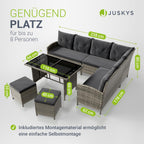 Juskys Polyrattan Gartenlounge Grau – Sitzgruppe mit Ecksofa, Tisch, Hocker, wetterfest, Outdoor Möbel Set