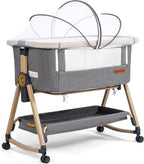 Maydolly 3-in-1 Baby Beistellbett Grau mit Matratze & Moskitonetz, Höhenverstellbares Reisebett mit Rollen für Neugeborene