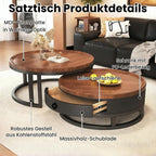 Couchtisch rund 2er Set mit Stauraum, Wohnzimmertisch mit Holz Schubladen, Walnussoptik und Metallrahmen, Moderne Kaffeetische Satztische Sofatisch für Wohnzimmer Schlafzimmer