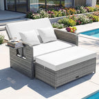 GIANTEX Rattan Lounge Gartenmöbel Set 2-Sitzer Doppelliege mit Hocker & Stauraum, Verstellbares Outdoor Sofa Balkon Terrasse