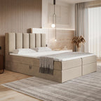 Motivena Santiago Boxspringbett 160x200 Beige Samt – Bett mit Bettkasten, Bonellfederkern Matratze H4 & Komfortschaum Topper H3