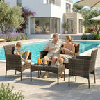 Komplette Loungegruppe aus Polyrattan für 4 Personen – Sofa, Sessel & Couchtisch mit Glas – Braun/Beige